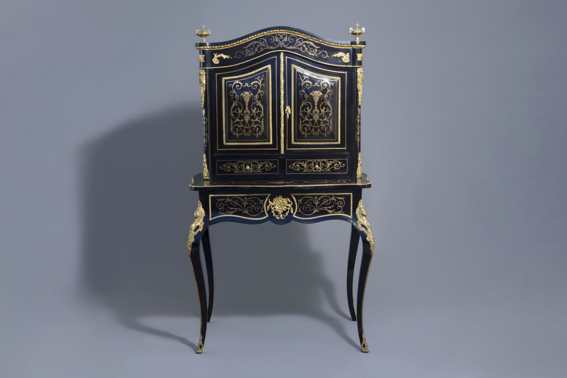A French ebonised wooden brass inlaid and gilt bronze mounted bonheur du jour, Napoleon III, 19th/20 - Image 4 of 23