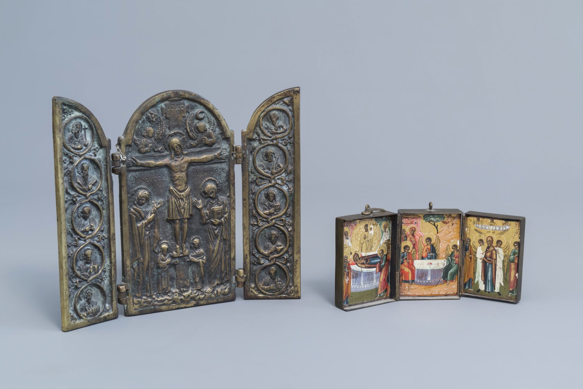 Two Russian icons with copper oklad or riza and two travel icons, 19th/20th C. - Image 8 of 18