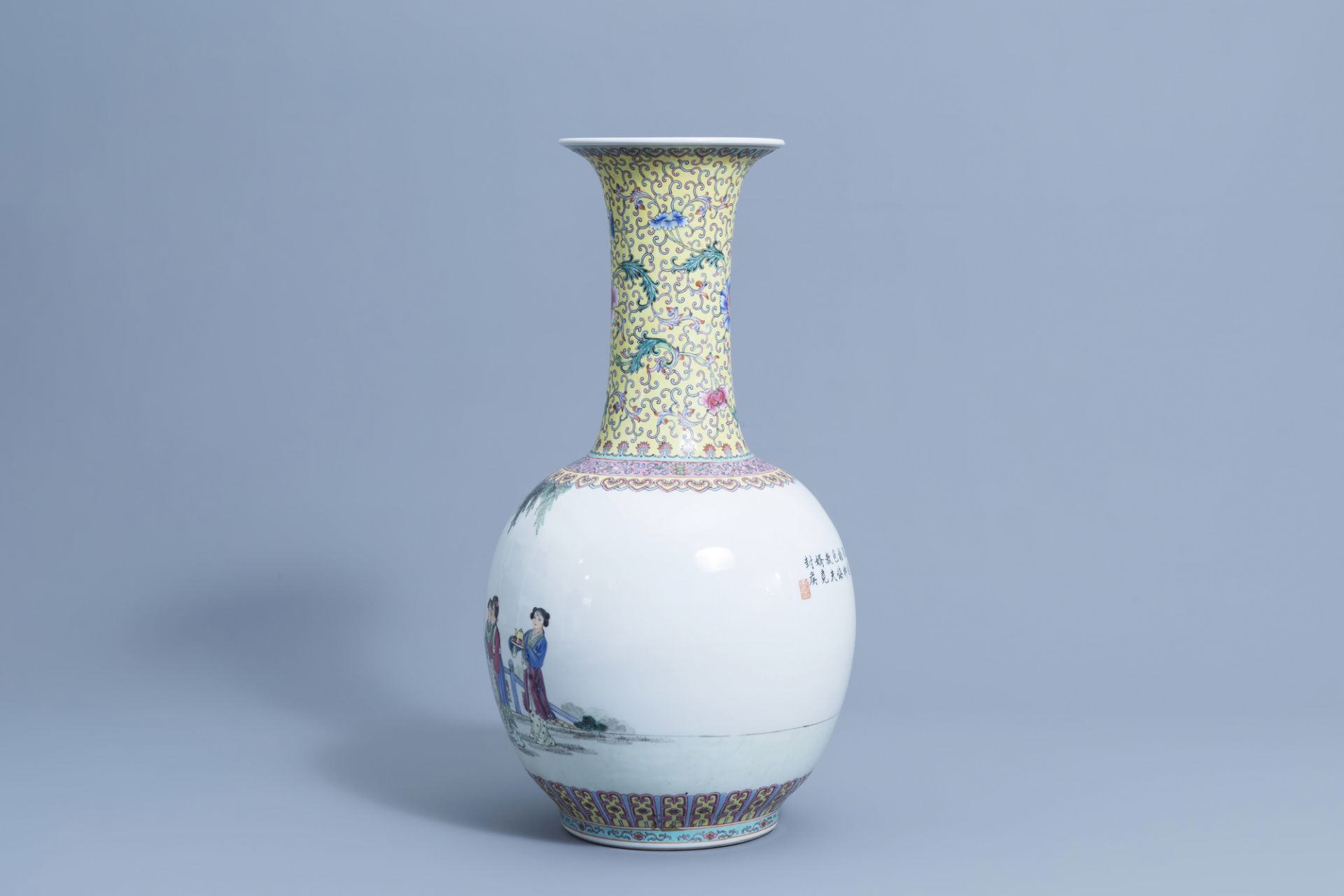 A large Chinese bottle shaped famille rose vase with ladies on a terrace, Qianlong mark, 20th C. - Image 5 of 7