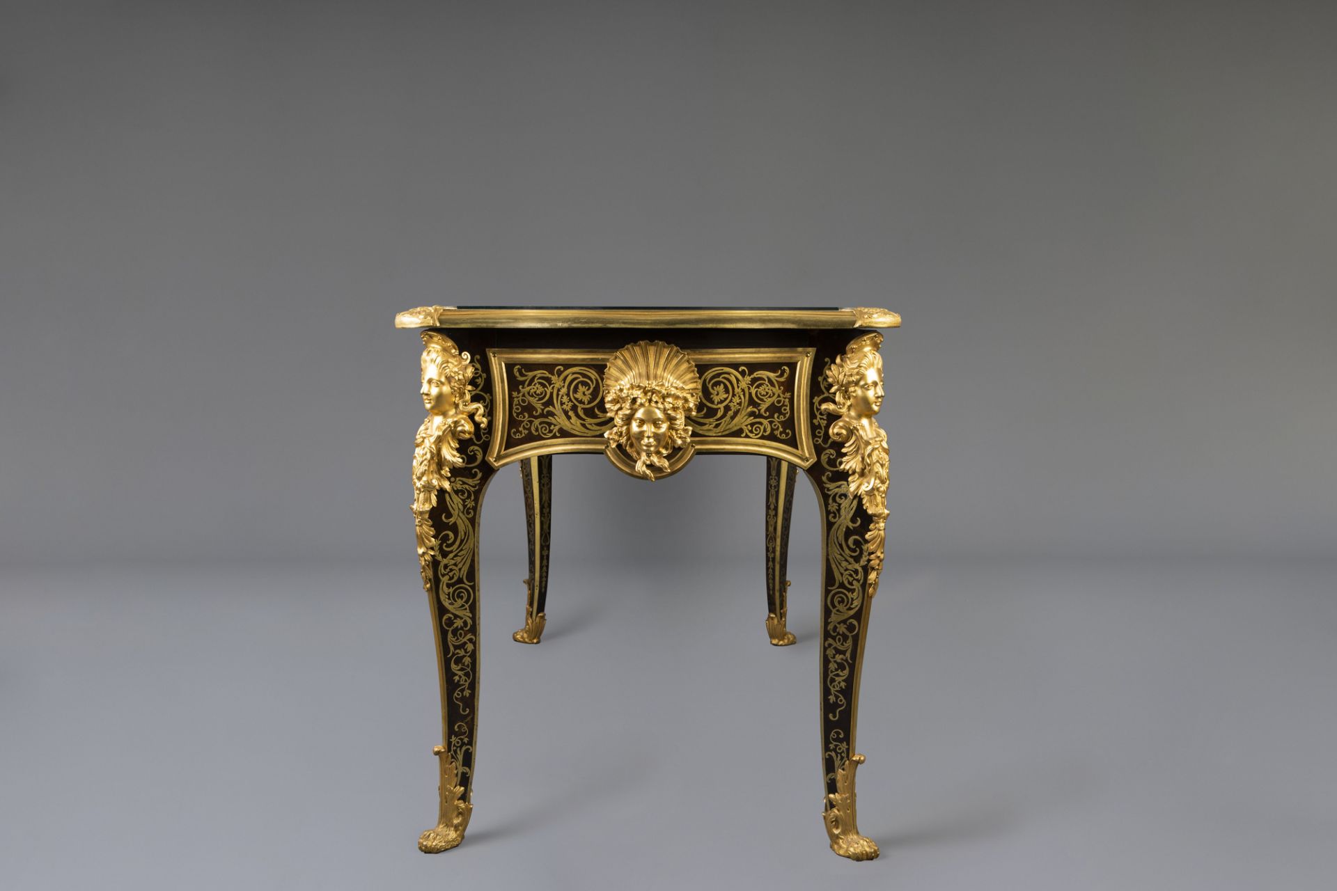 An impressive French gilt bronze mounted brass and tortoiseshell inlaid ebonized bureau plat, Befort - Image 3 of 15