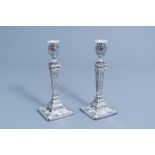 A pair of Victorian silver plated candlesticks in the style of Robert Adam, James Pinder & Co, Sheff