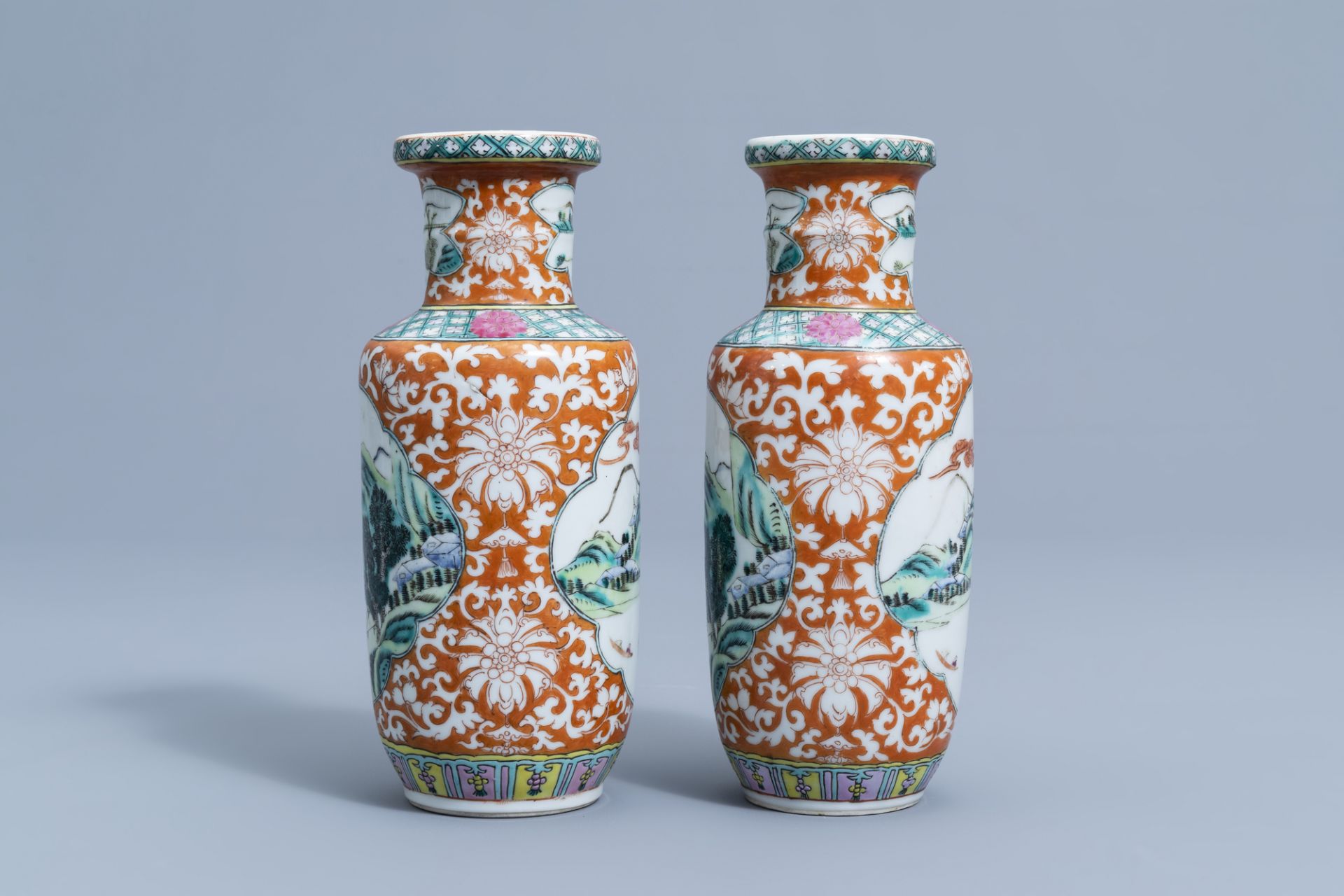 A pair of Chinese famille rose vases with animated river landscapes, 19th C. - Image 2 of 6