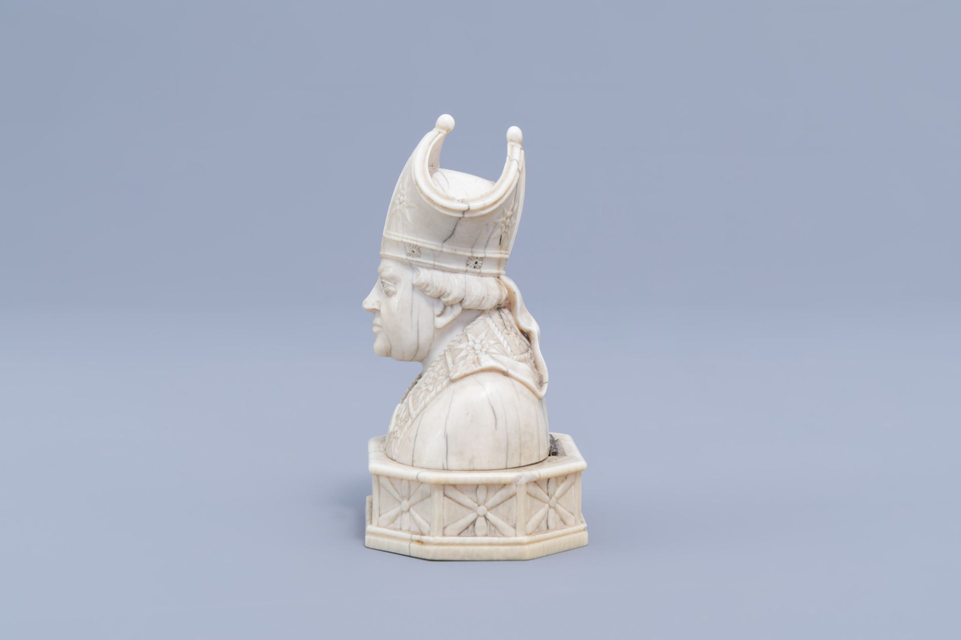 A French carved ivory bishop bust shaped reliquary, Dieppe, 19th C. - Image 7 of 11