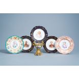 Five French Sevres 'portrait' plates and a gilt bronze mounted 'bleu celeste' ground bowl, 19th/20th