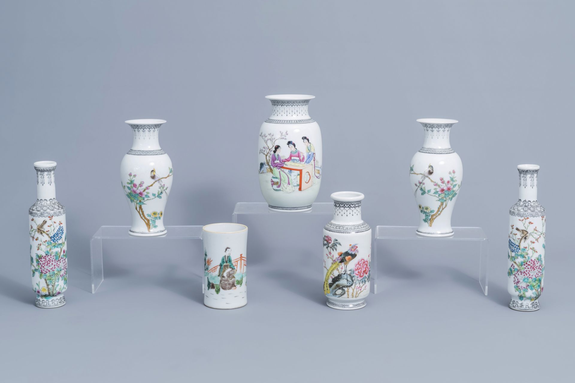 Six various Chinese famille rose vases and a famille verte 'scholars' brush pot, 20th C.
