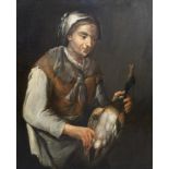French school: A lady with a duck, oil on canvas, 18th C.