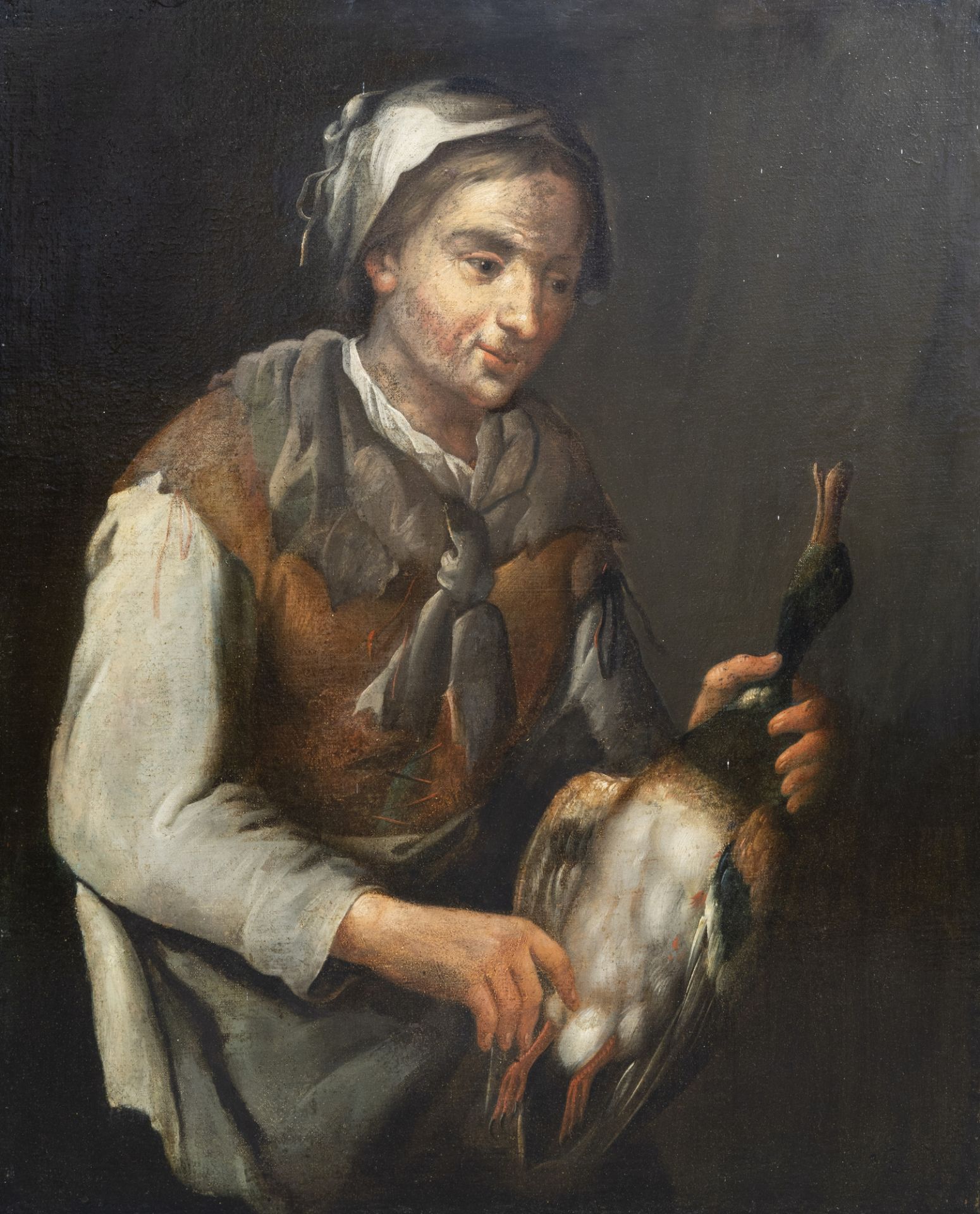 French school: A lady with a duck, oil on canvas, 18th C.