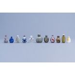 Eleven various Chinese glass and hardstone snuff bottles, 20th C.