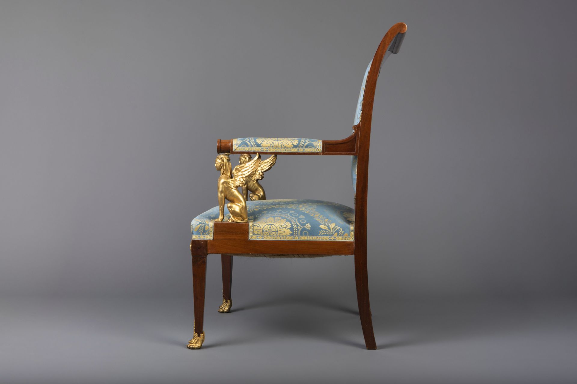 An imposing Empire style gilt bronze mounted mahogany and upholstered seven-piece salon set, France, - Image 13 of 34