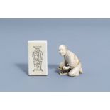 A Chinese carved Canton ivory card case & a signed Japanese ivory okimono of a man, Meiji, 19th C.