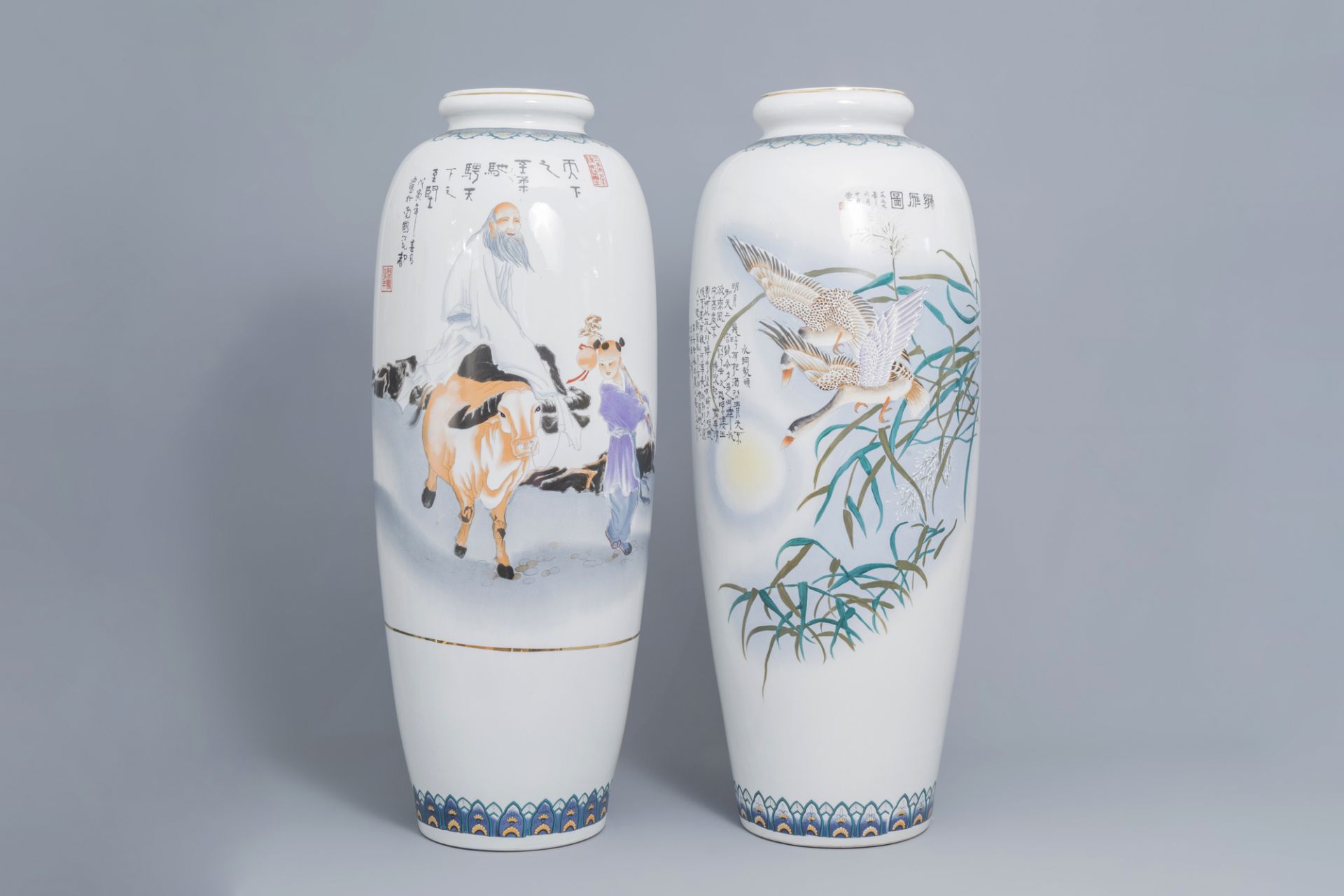 Two large Chinese polychrome vases with ducks and figures in a landscape, 20th C.