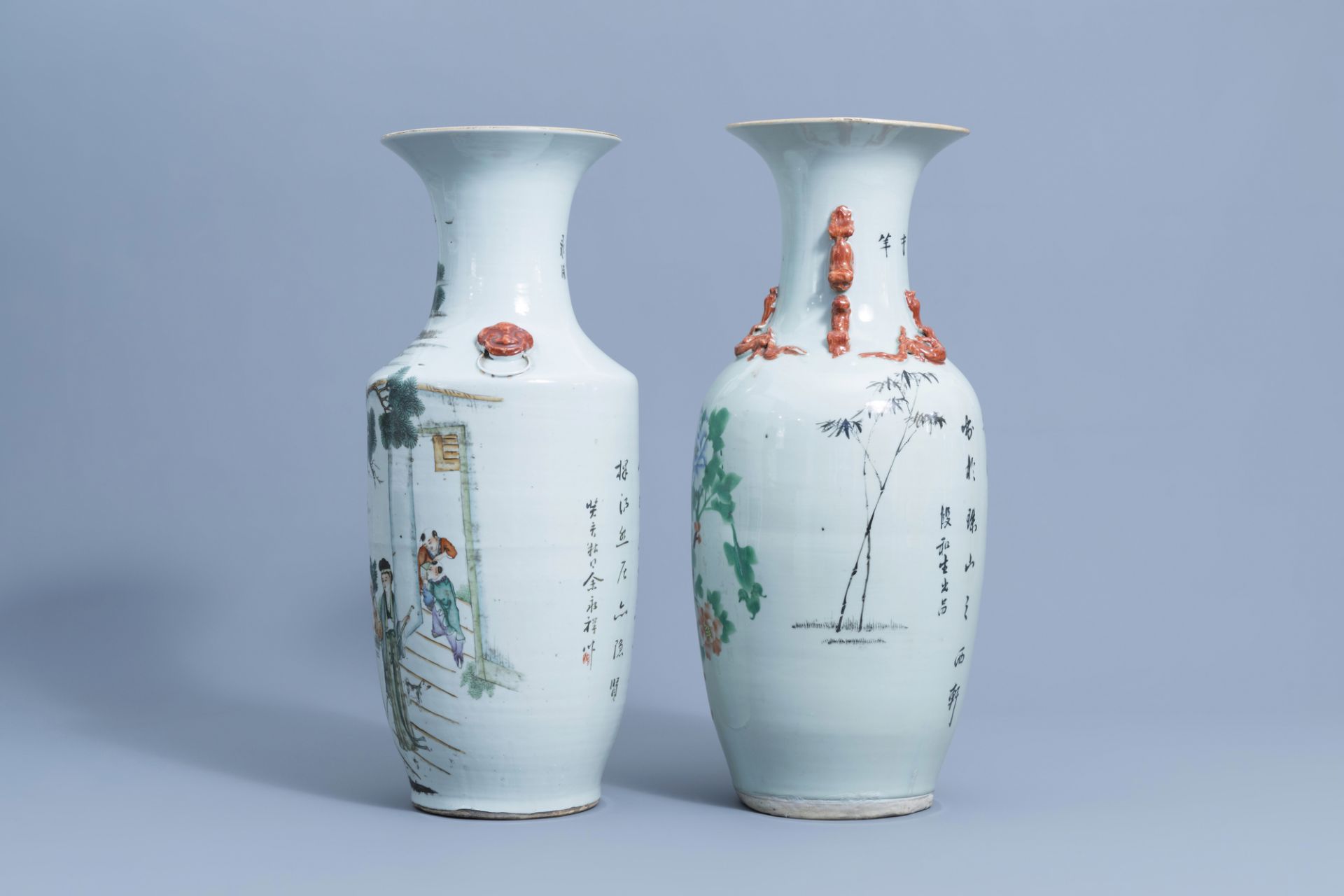 Two Chinese famille rose vases with figurative design & a bird among blossoms, 19th/20th C. - Image 4 of 6