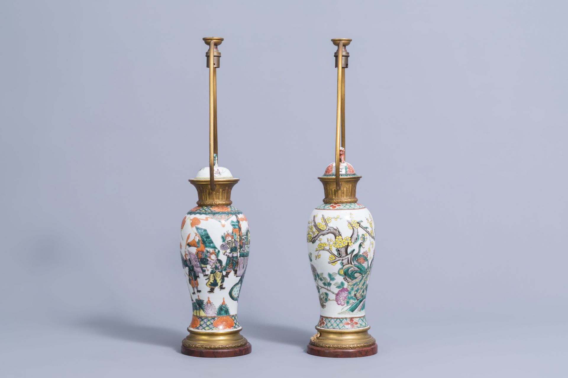 Two various Chinese famille verte and famille rose vases and covers mounted as lamps, 19th C. - Image 2 of 6