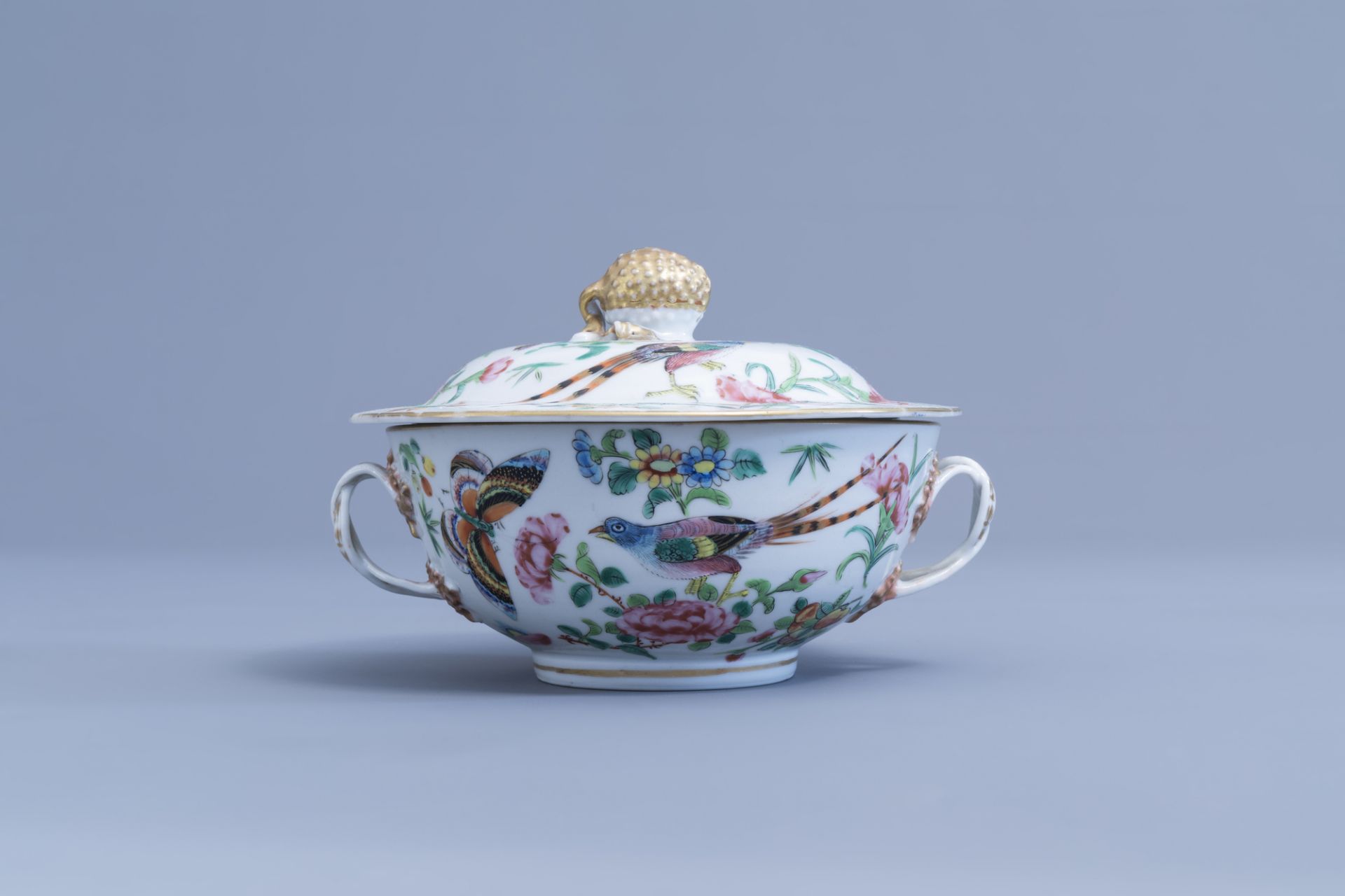 A Chinese Canton famille rose bowl and cover and a dish with birds, butterflies and insects among bl - Image 4 of 9