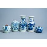 Five various Chinese blue and white celadon ground vases and jars, 19th/20th C.