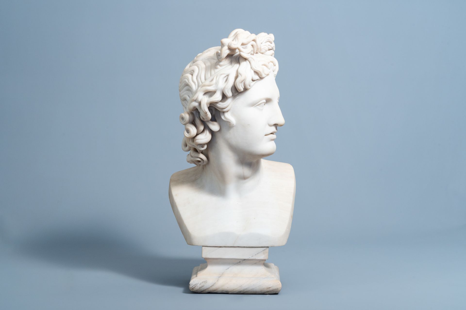 Italian school, after the antique: Bust of the Apollo Belvedere, white marble, ca. 1800 - Image 2 of 9