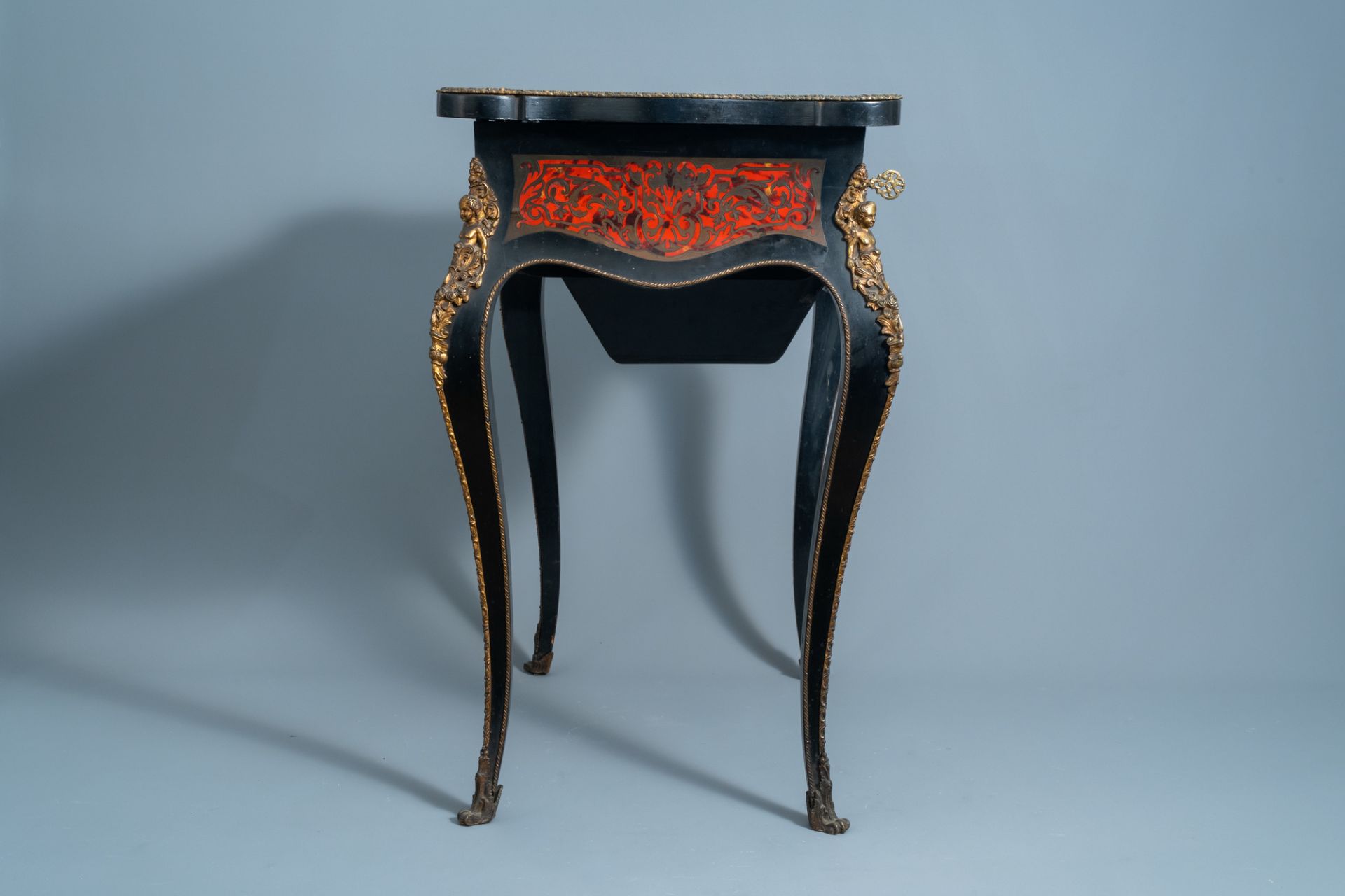 A French Historicism gilt mounted and brass marquetry sewing table, L. Grade F. - R(ue) Castex 9, 19 - Image 3 of 13