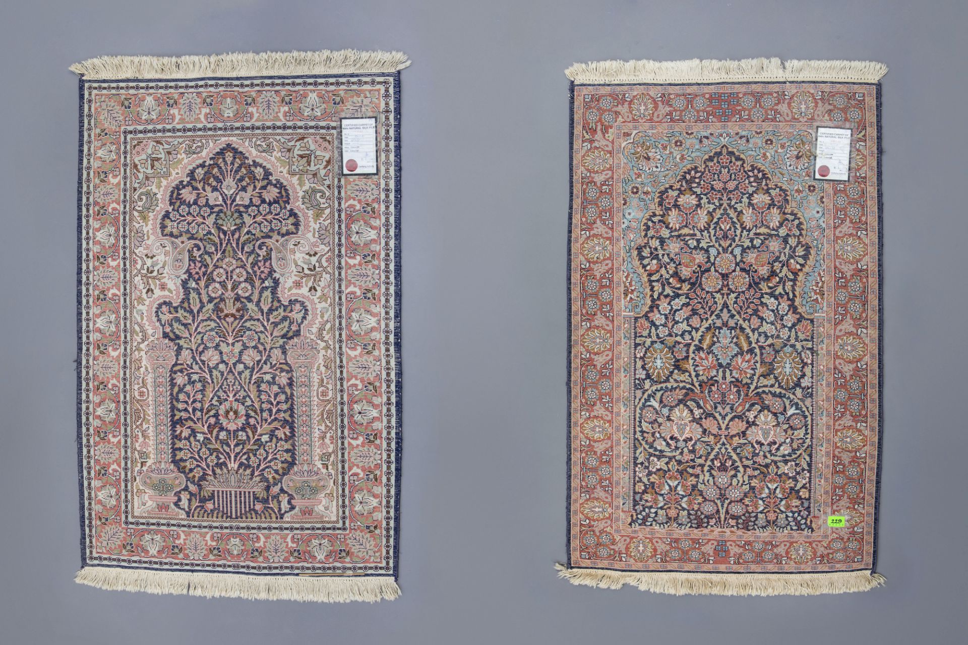 Two Oriental prayer rugs with floral design, silk on cotton, 20th C. - Image 2 of 4