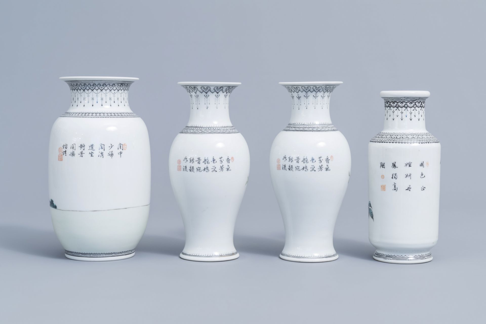 Six various Chinese famille rose vases and a famille verte 'scholars' brush pot, 20th C. - Image 4 of 13