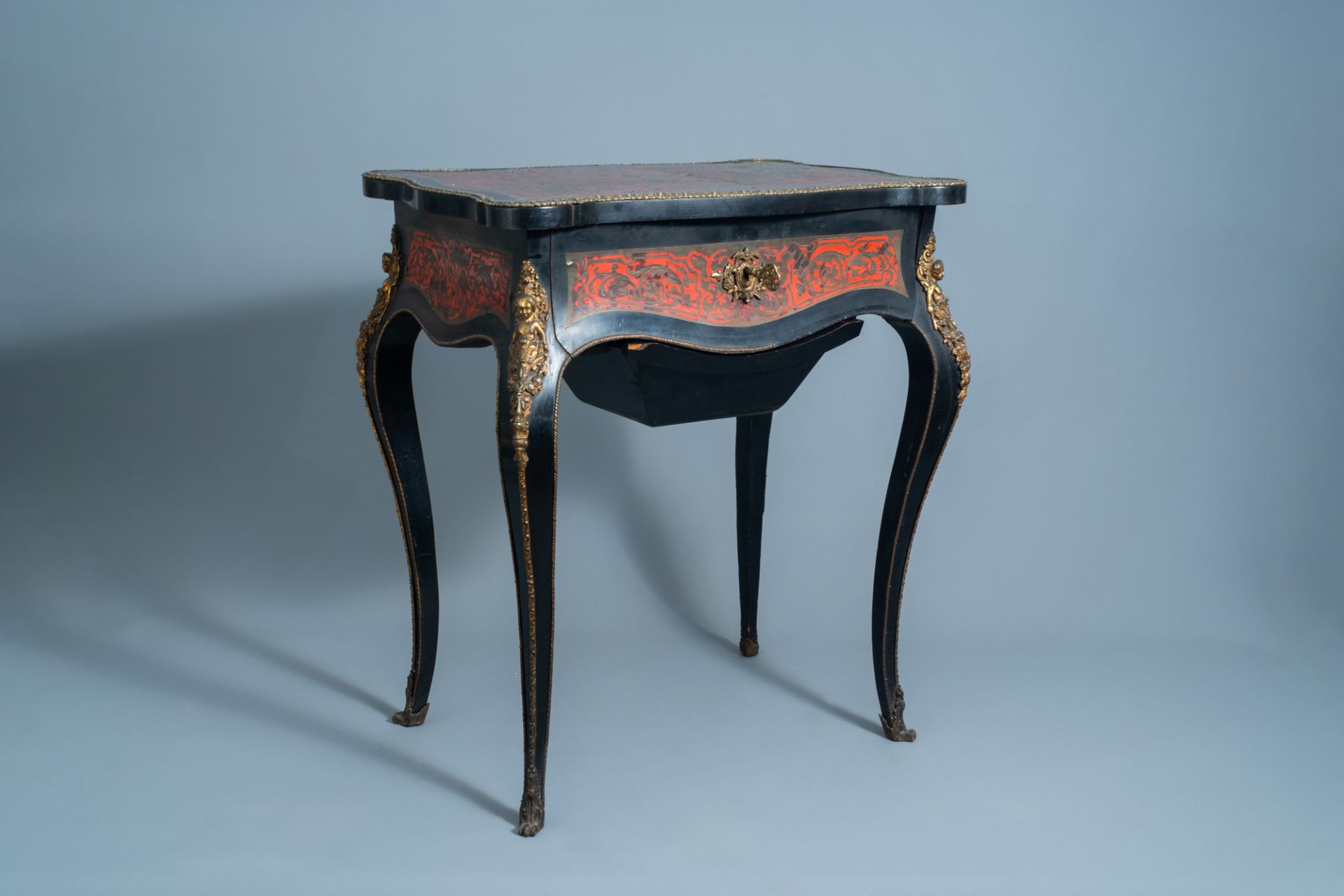 A French Historicism gilt mounted and brass marquetry sewing table, L. Grade F. - R(ue) Castex 9, 19