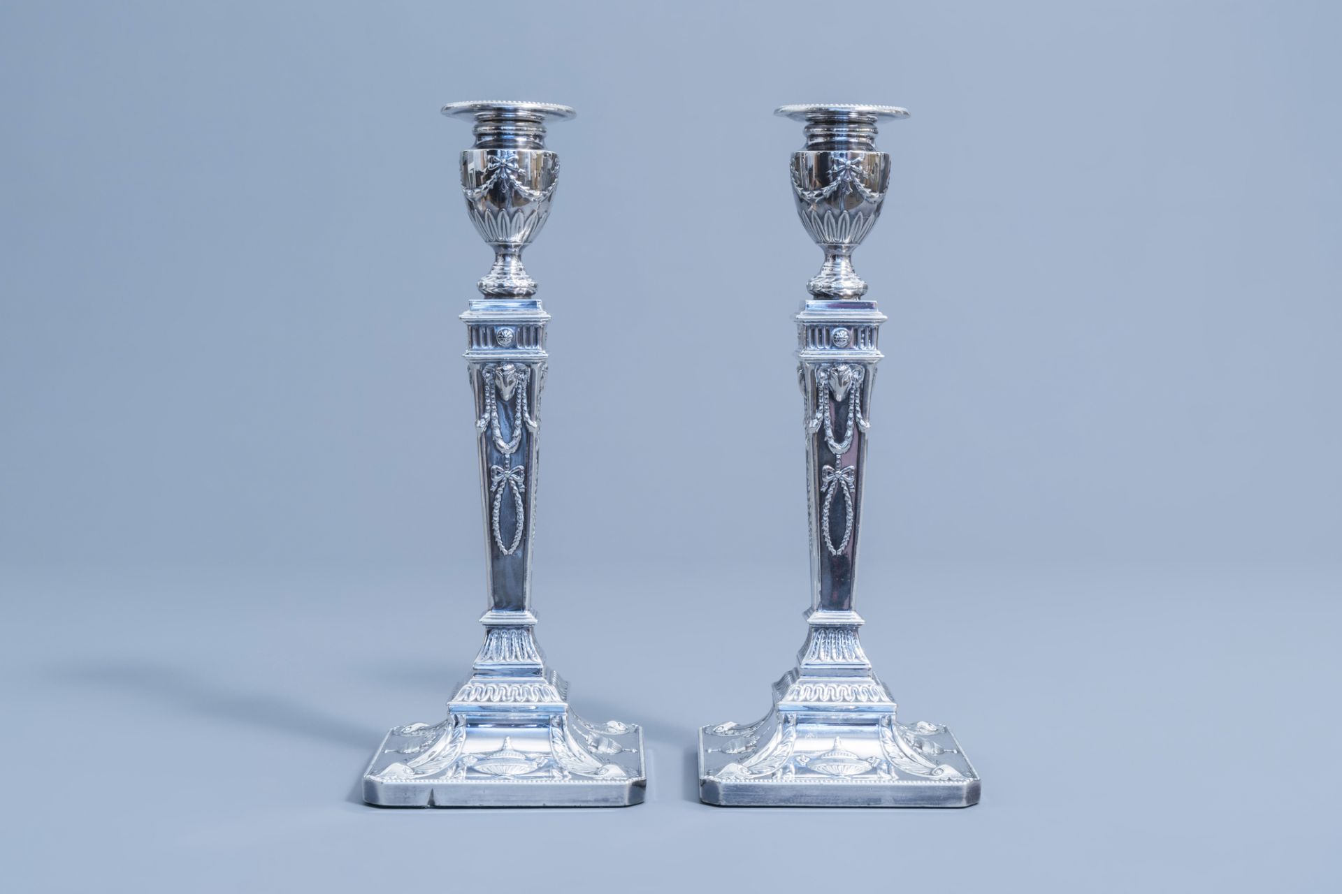 A pair of Victorian silver plated candlesticks in the style of Robert Adam, James Pinder & Co, Sheff - Image 2 of 8