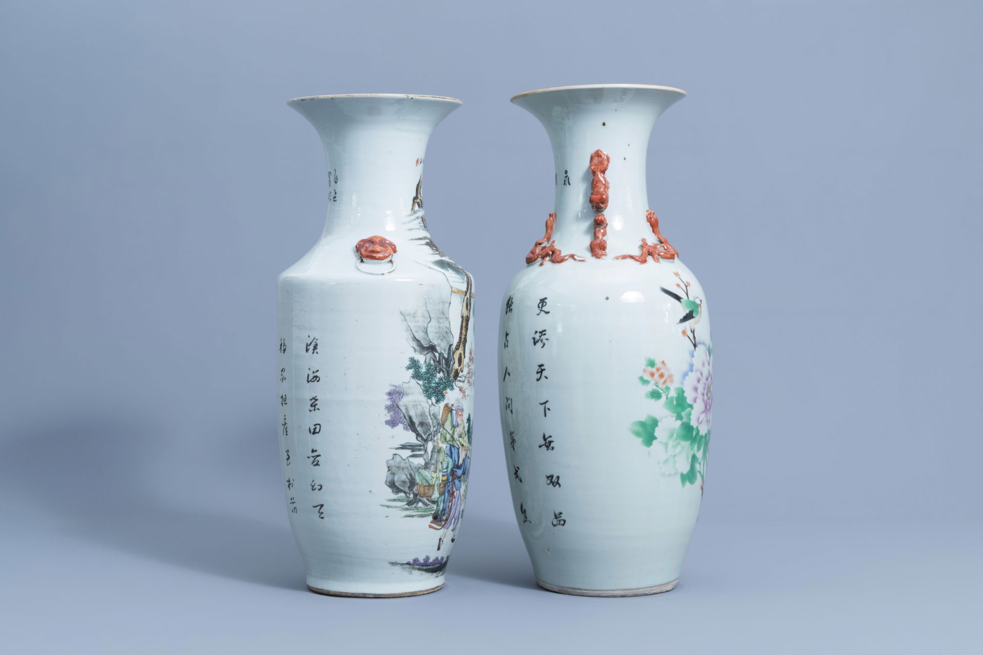Two Chinese famille rose vases with figurative design & a bird among blossoms, 19th/20th C. - Image 2 of 6