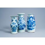 Three various Chinese blue and white celadon ground vases, 19th C.