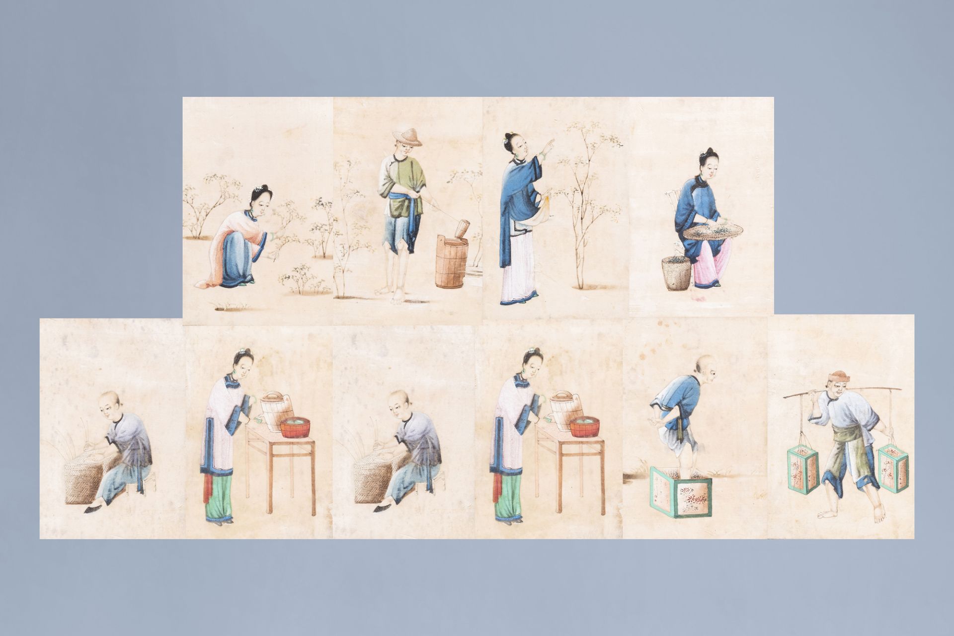 Chinese school, ink and colours on pith paper, 19th C.: Eight works depicting the tea production - Image 2 of 20