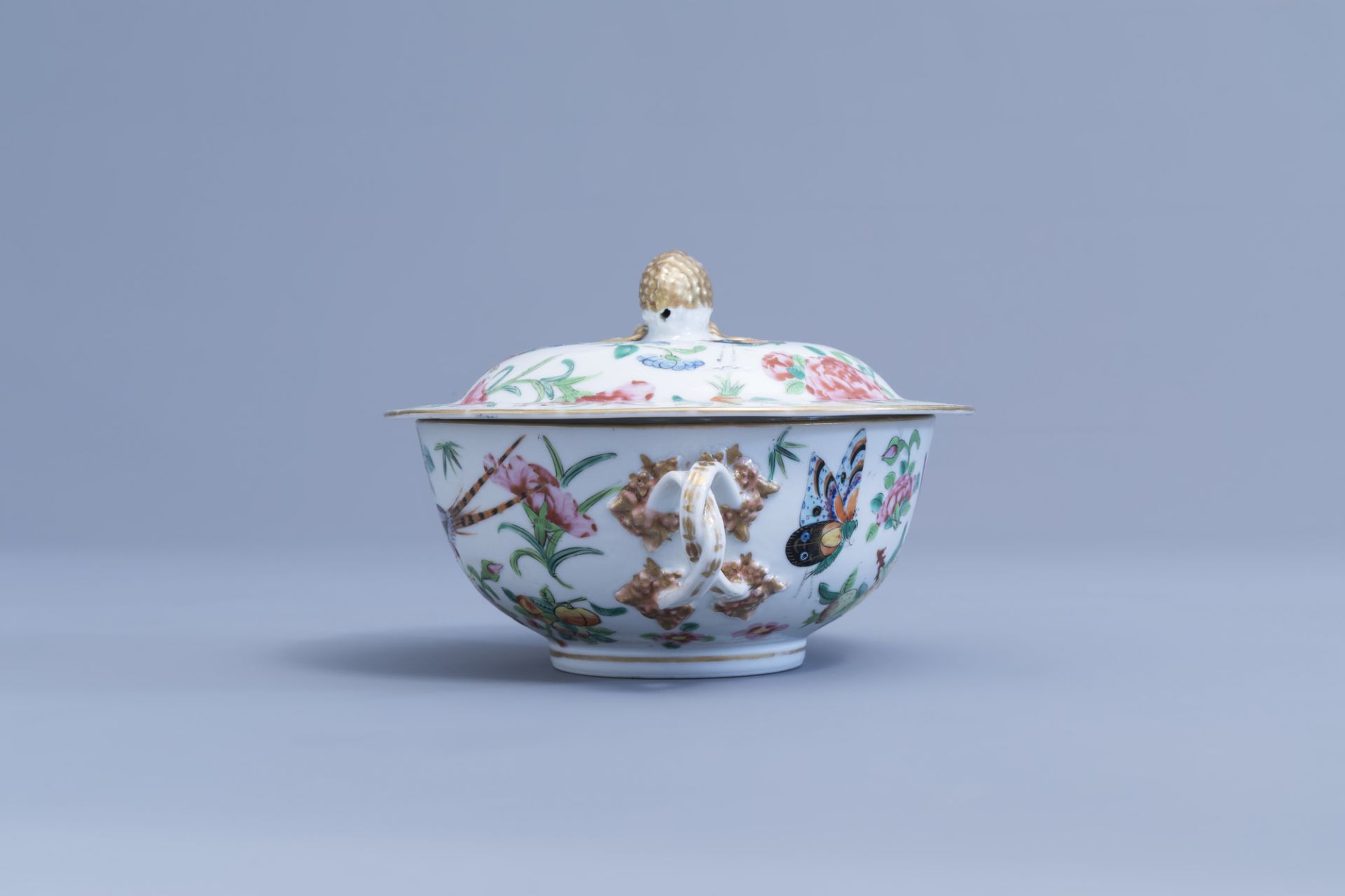 A Chinese Canton famille rose bowl and cover and a dish with birds, butterflies and insects among bl - Image 7 of 9