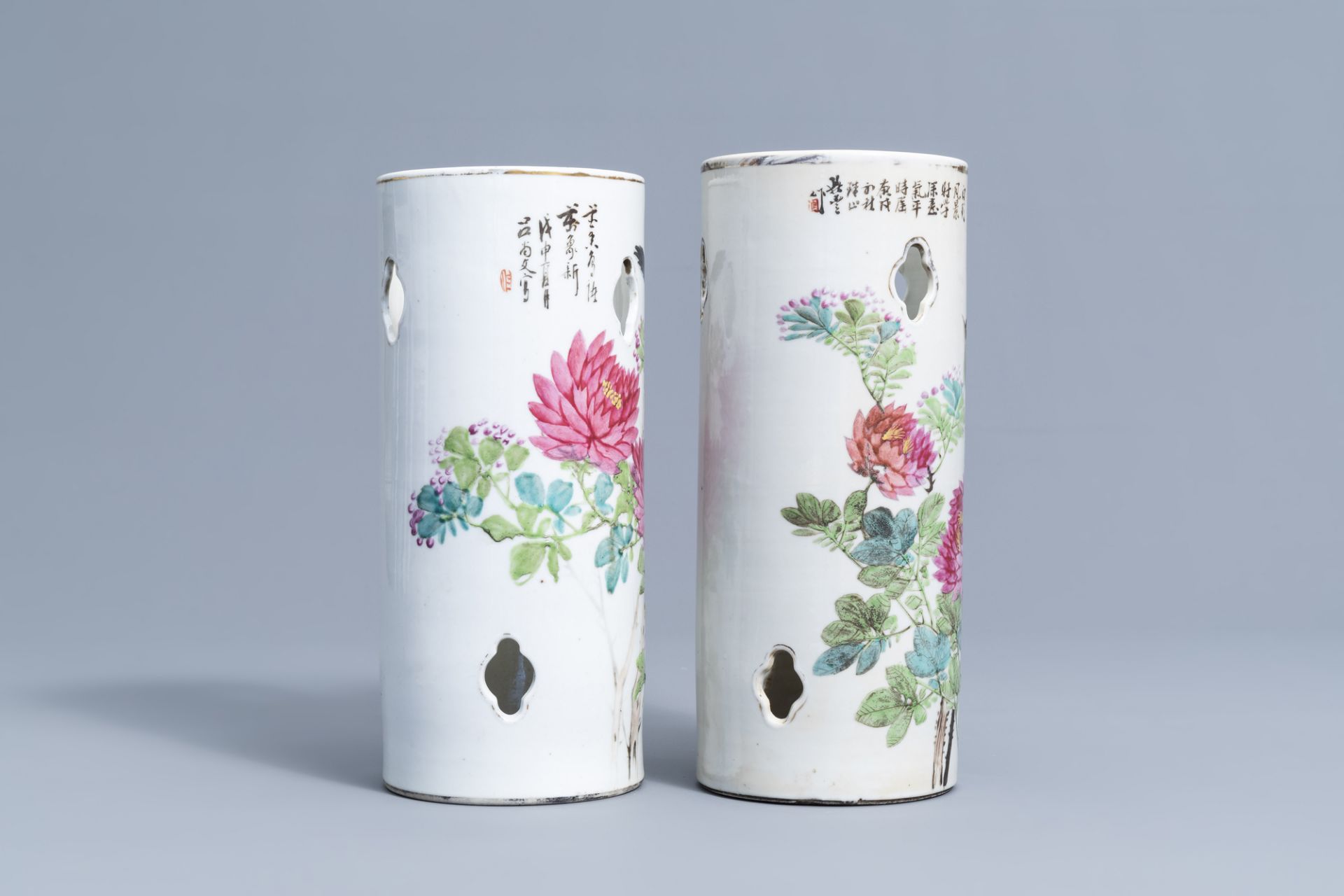 Two reticulated Chinese qianjiang cai hat stands with birds among blossoming branches, 19th/20th C. - Image 3 of 7