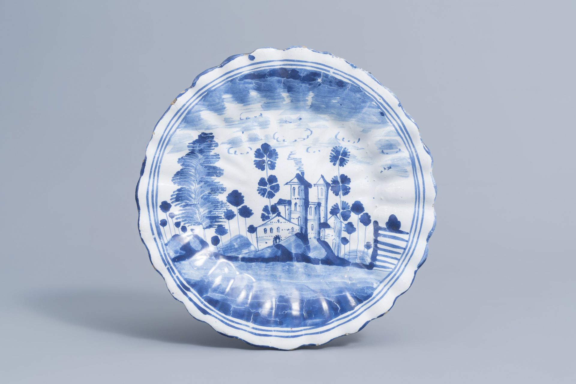 Two German blue and white plates with a landscape and a biblical scene, Ansbach and Nuremberg, 18th - Image 4 of 5