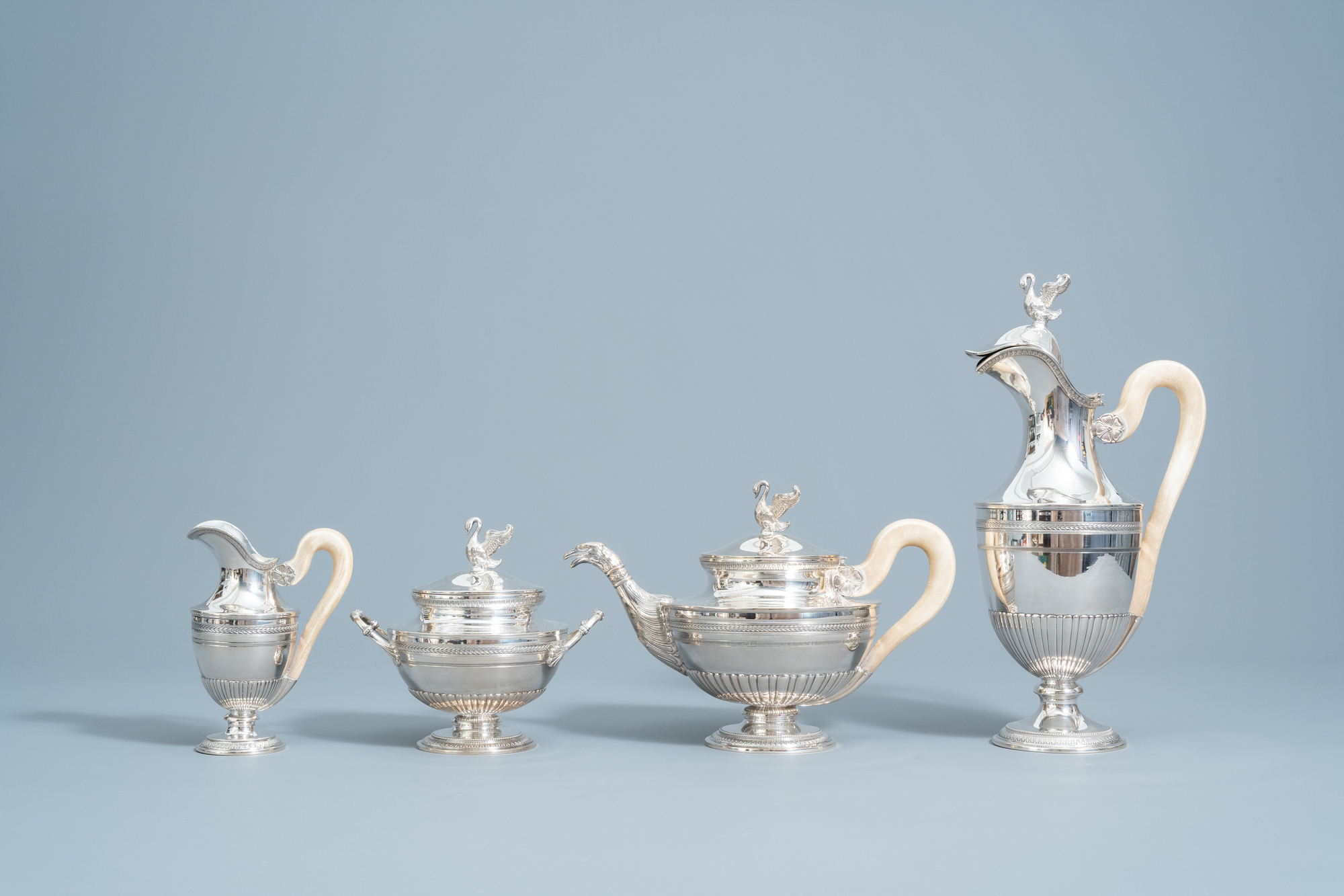 A four-piece silver Directoire style tea set with ivory handles, 800/000, 19th/20th C. - Image 2 of 12