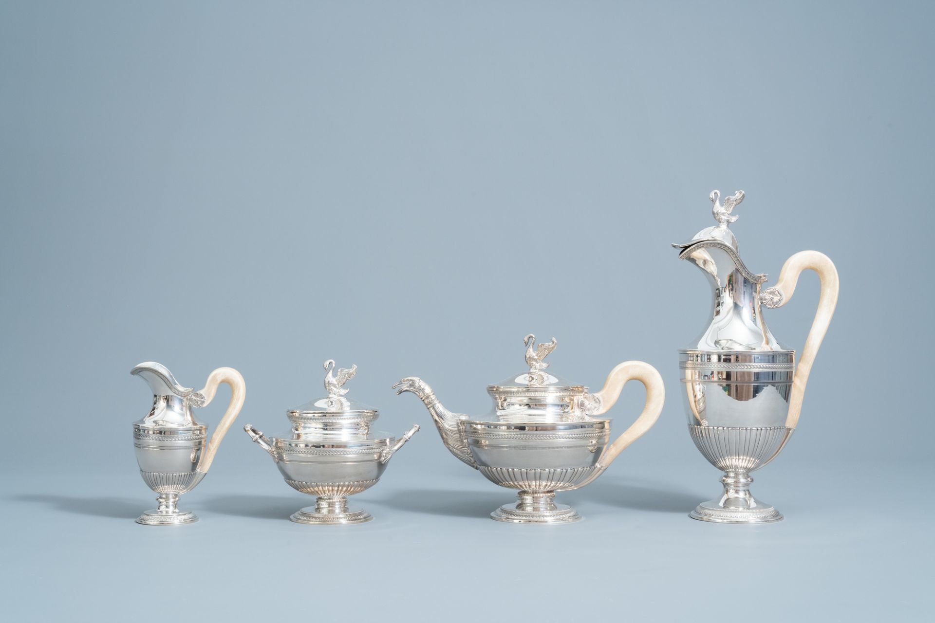 A four-piece silver Directoire style tea set with ivory handles, 800/000, 19th/20th C. - Image 2 of 12