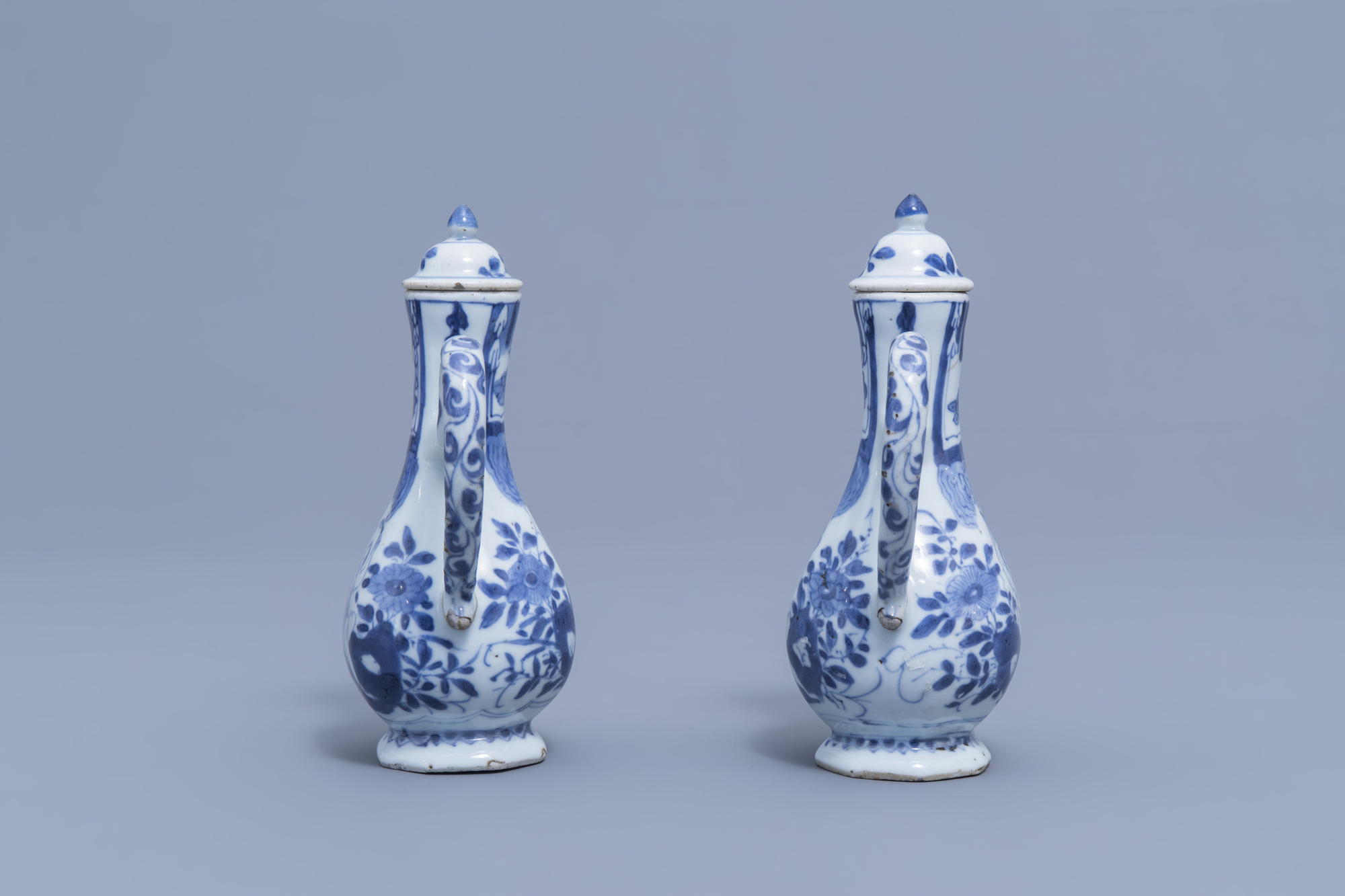 A pair of Chinese blue and white wine jugs with European subject, Kangxi - Image 3 of 10