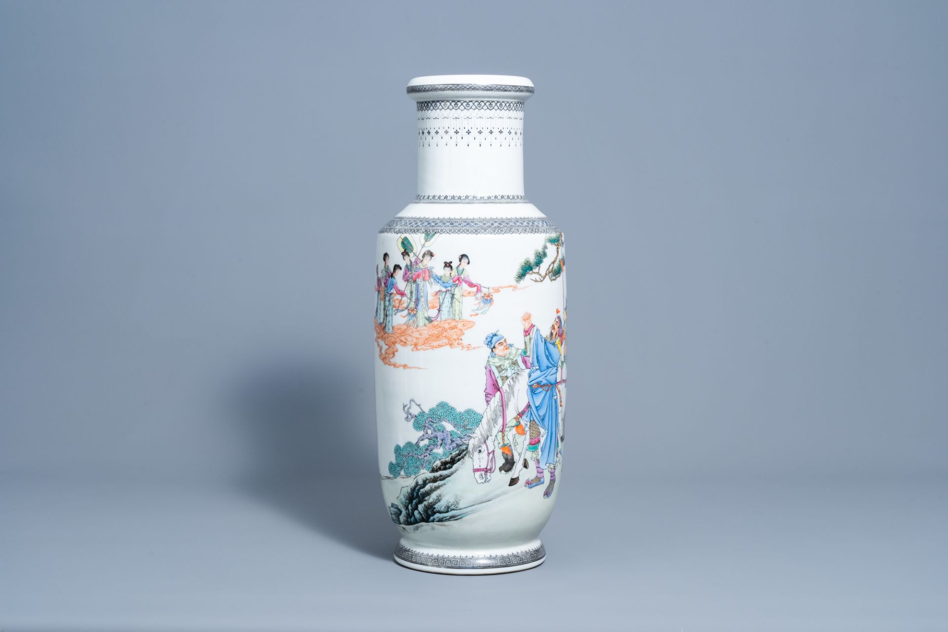A Chinese famille rose vase with figures in a landscape, Qianlong mark, Republic, 20th C.