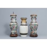 A pair of Chinese Nanking famille rose vases with warrior scenes & a Nanking celadon vase, 19th C.