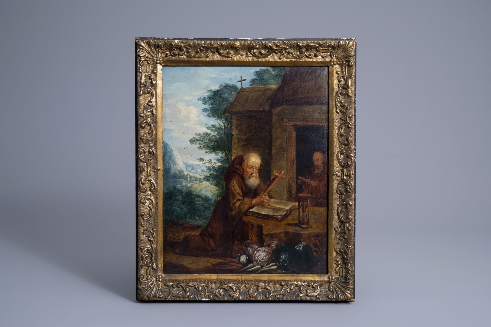 Flemish school: Two hermits meditating in the wilderness, oil on panel, 17th C. - Image 2 of 3