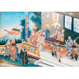 Chinese school, reverse glass painting, 19th C.: An animated palace scene