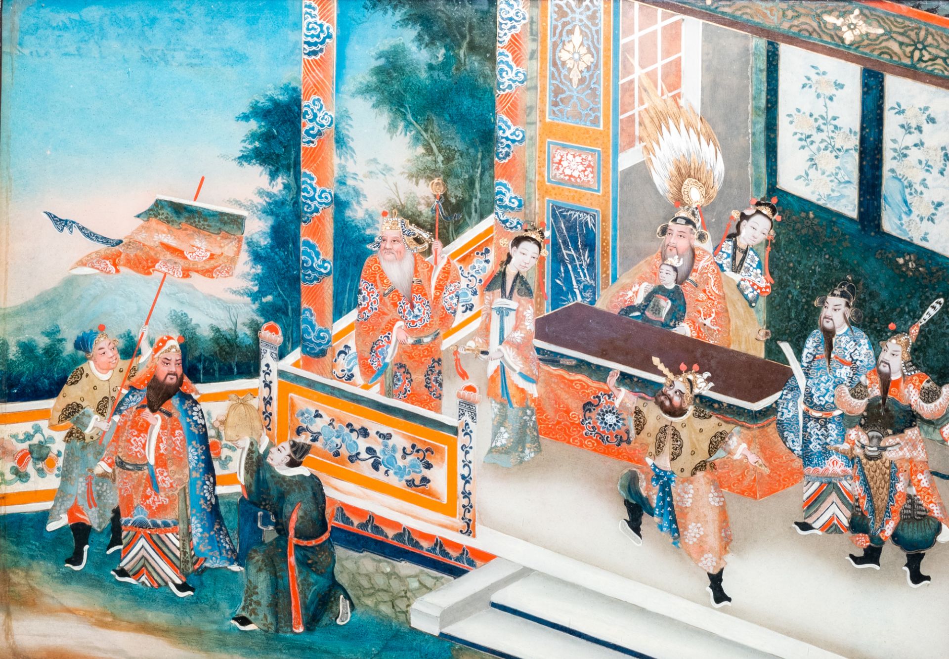 Chinese school, reverse glass painting, 19th C.: An animated palace scene