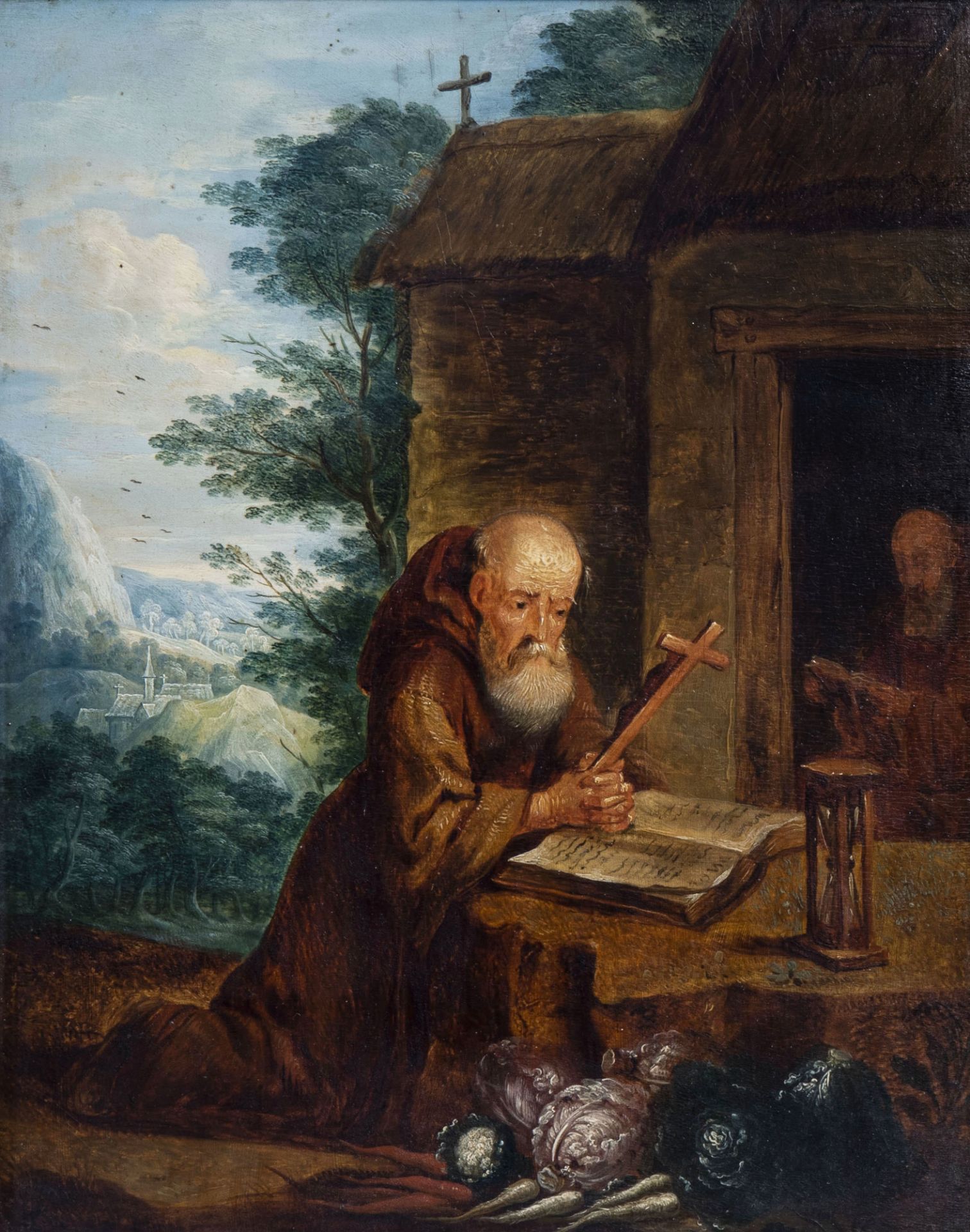 Flemish school: Two hermits meditating in the wilderness, oil on panel, 17th C.