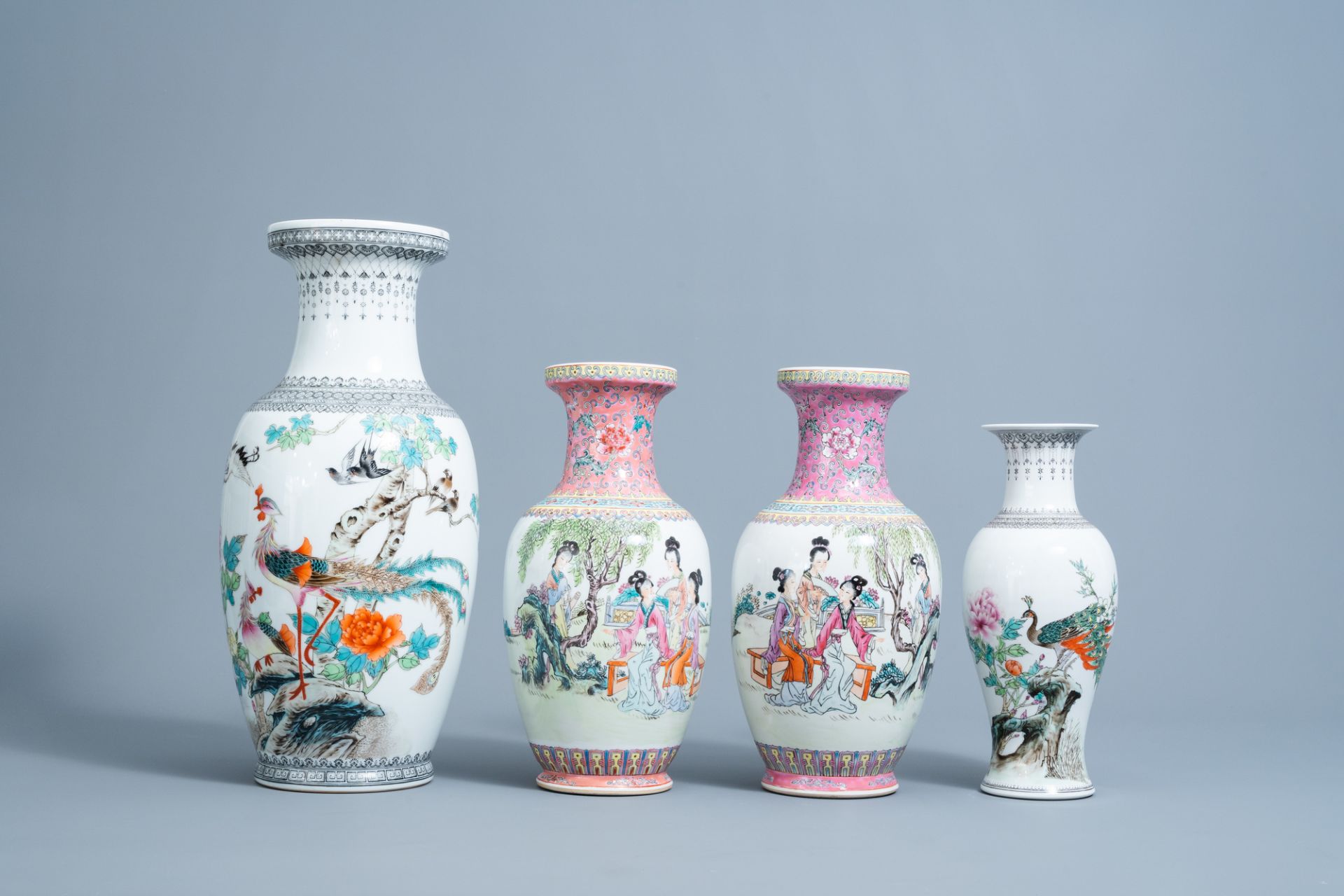 Four various Chinese famille rose vases and a 'dragons' umbrella stand, 20th C. - Image 8 of 13