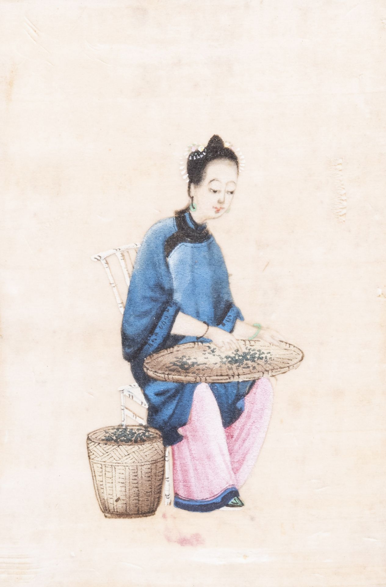 Chinese school, ink and colours on pith paper, 19th C.: Eight works depicting the tea production - Image 6 of 20