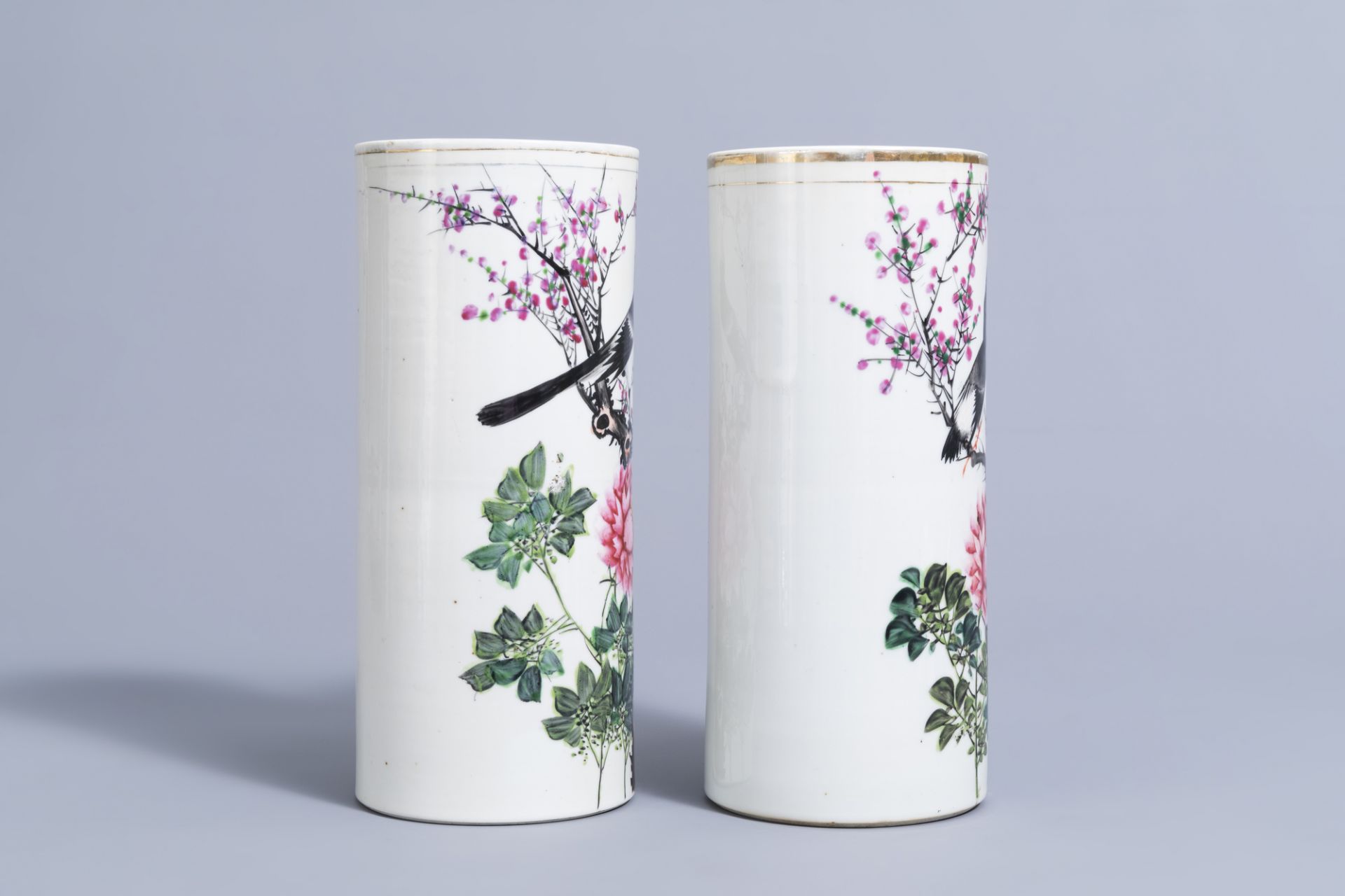 Two Chinese qianjiang cai hat stands with birds on blossoming branches, 19th/20th C. - Image 2 of 6