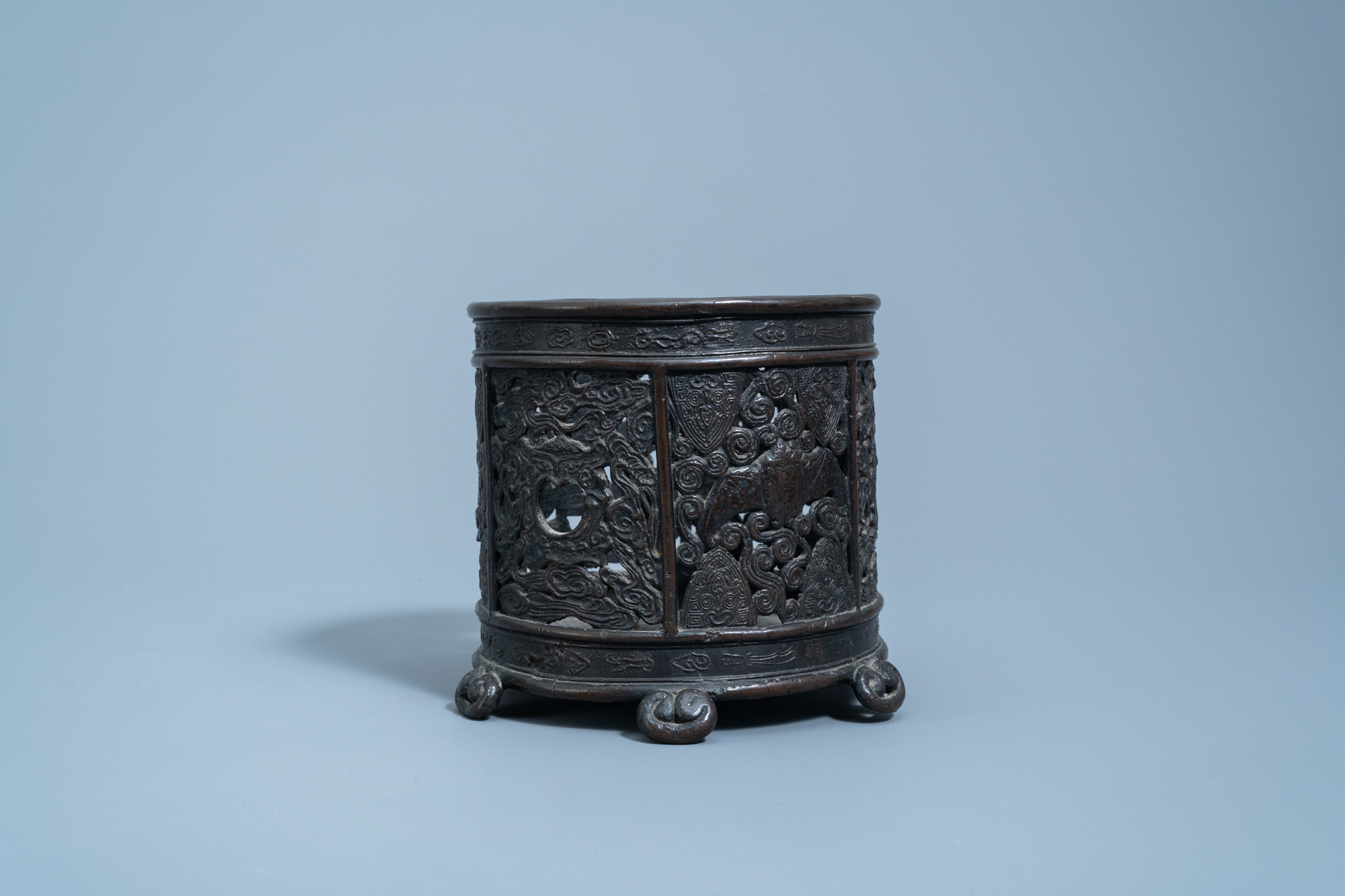 An inscribed Chinese reticulated bronze brush pot, Ming - Image 5 of 7