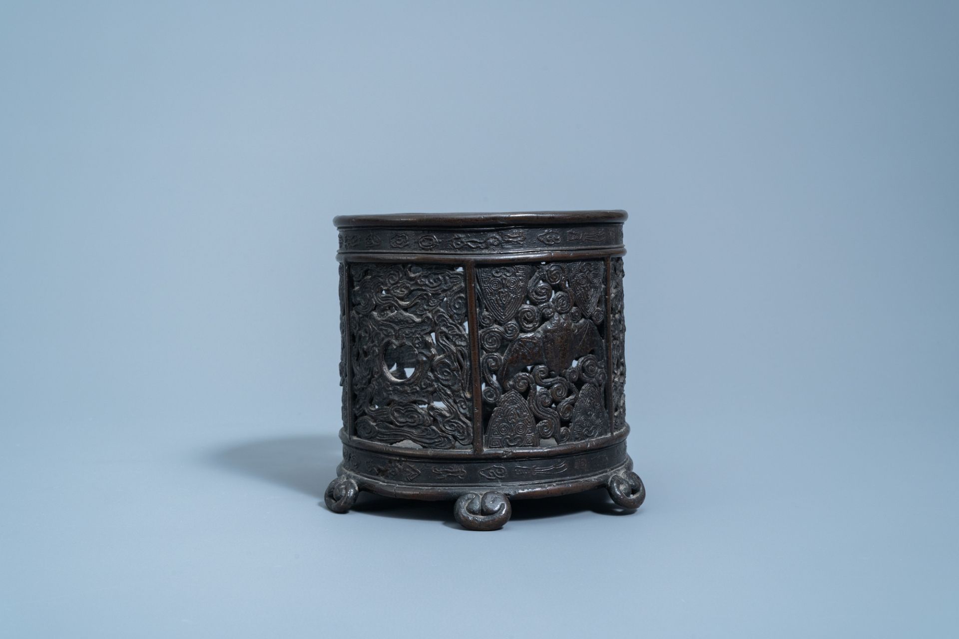 An inscribed Chinese reticulated bronze brush pot, Ming - Image 5 of 7