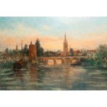 Romain Steppe (1859-1927): A view on Bruges from the water, oil on canvas