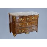 A French Regence style gilt bronze mounted chest of drawers with marble top, 18th C.