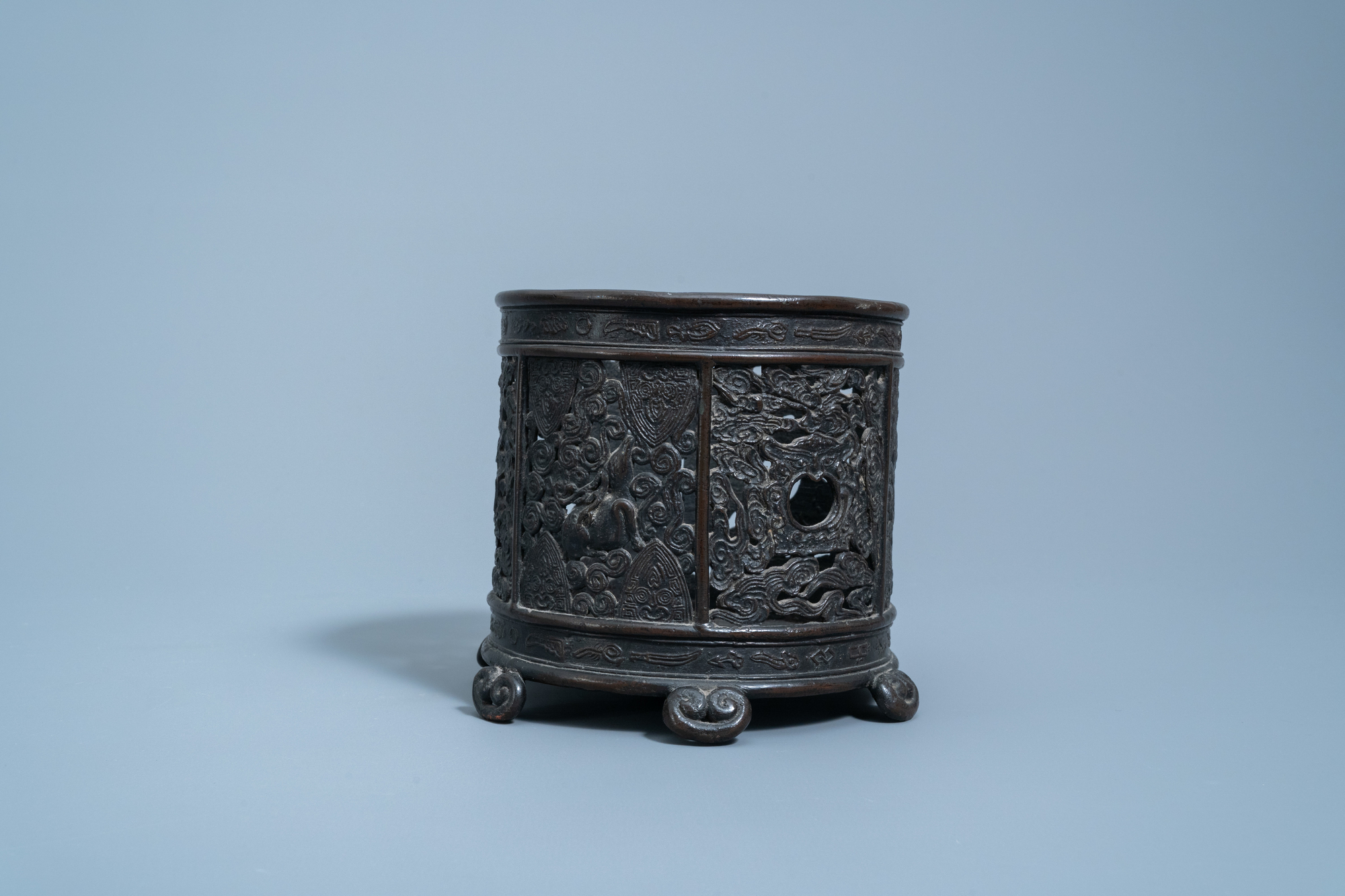 An inscribed Chinese reticulated bronze brush pot, Ming - Image 3 of 7