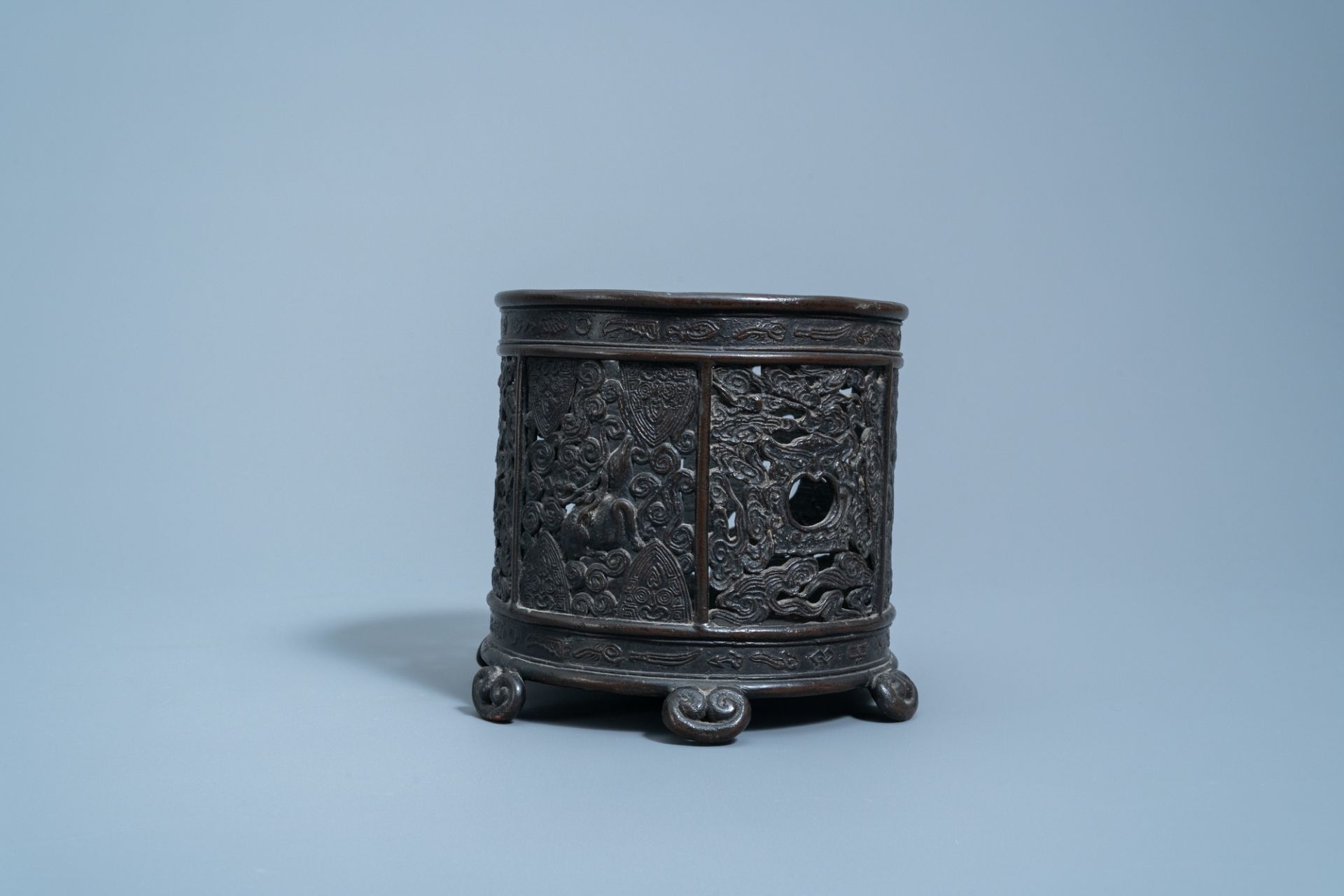 An inscribed Chinese reticulated bronze brush pot, Ming - Image 3 of 7