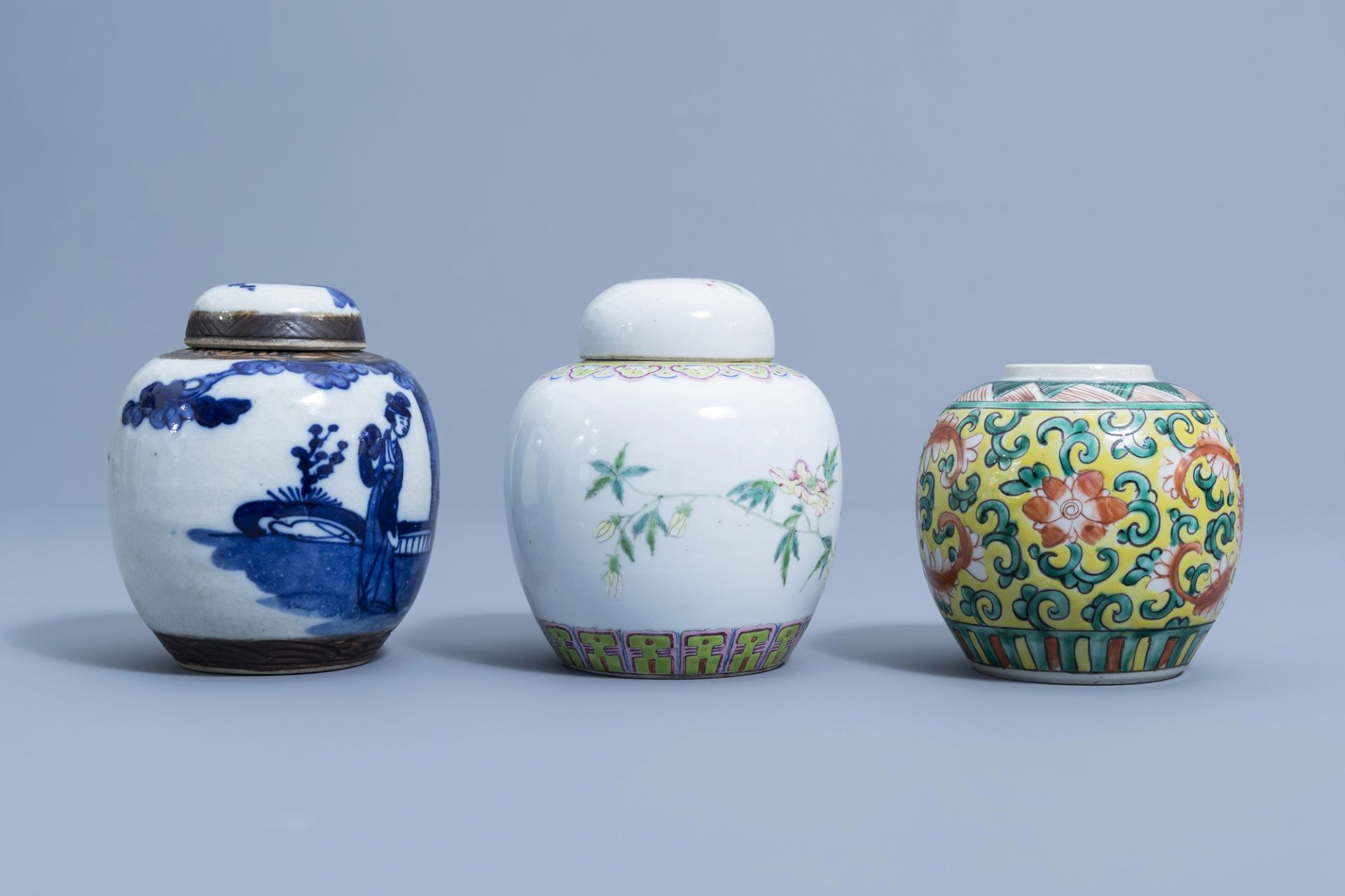 Seven various Chinese famille rose, famille verte, blue and white jars, 19th/20th C. - Image 19 of 25